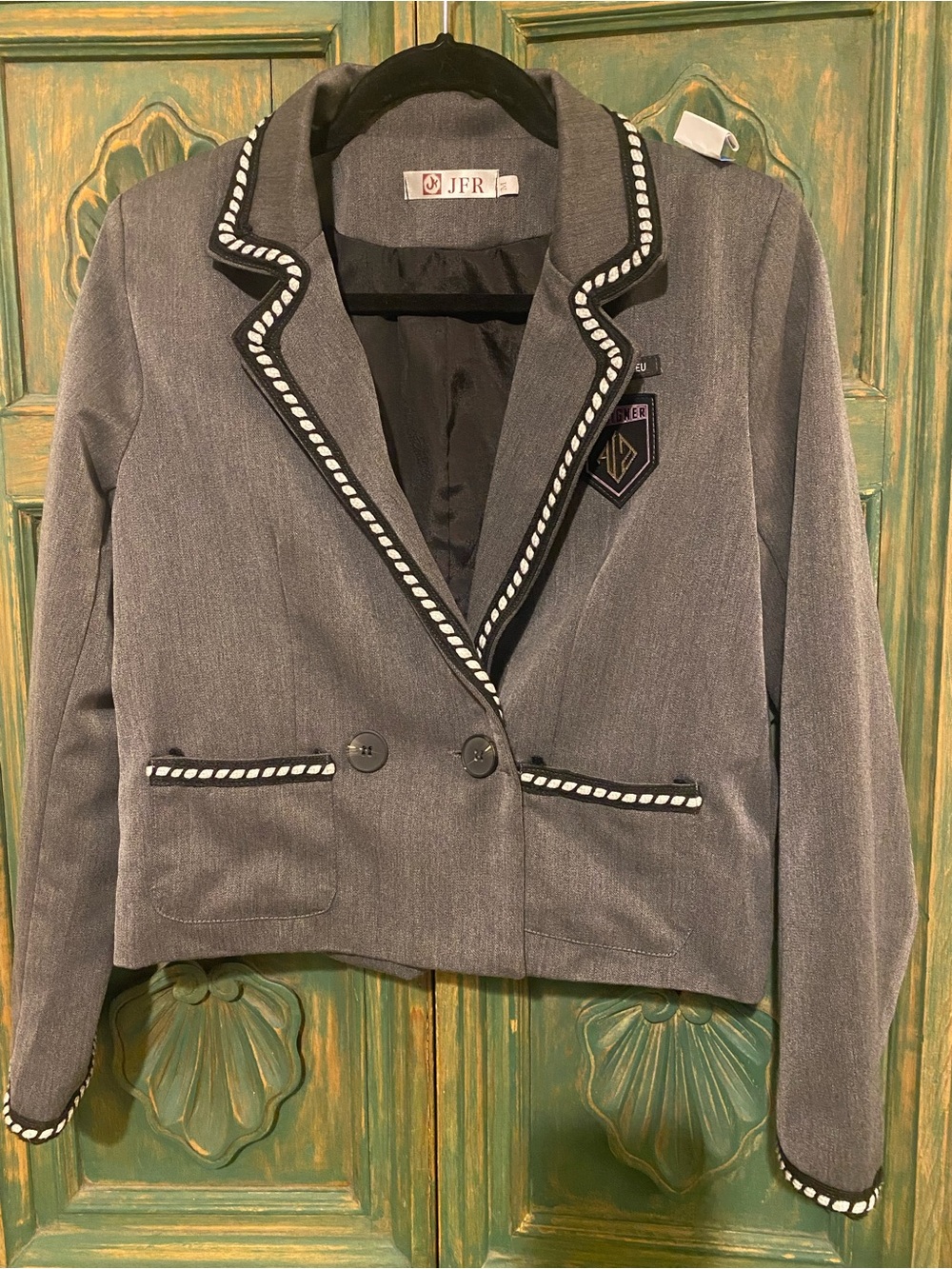 Gray Braided-Trim Blazer Jacket